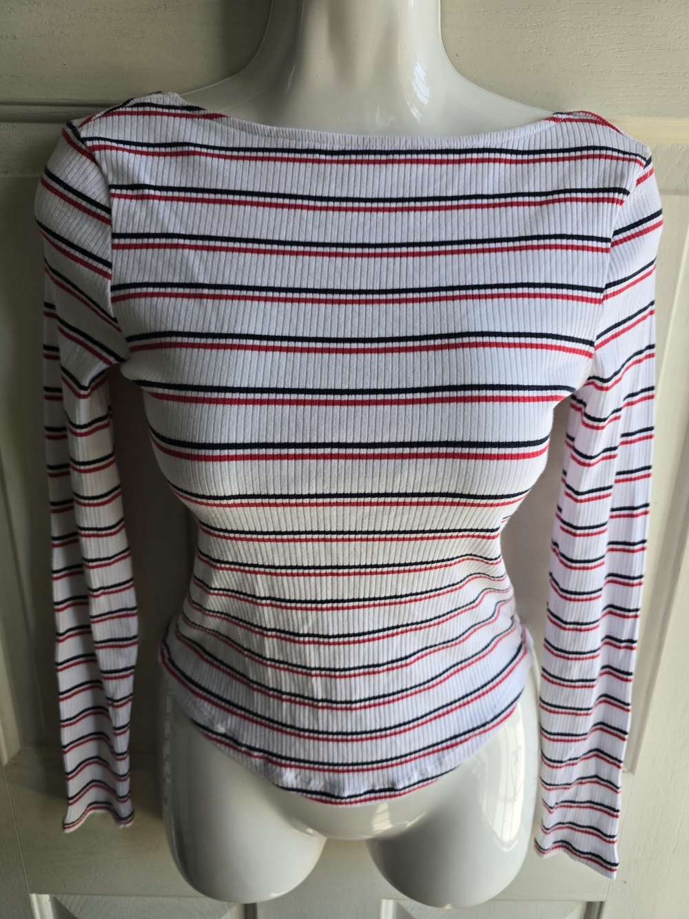 Cotton On White Ribbed Long-Sleeve Top with Red & Black Stripes